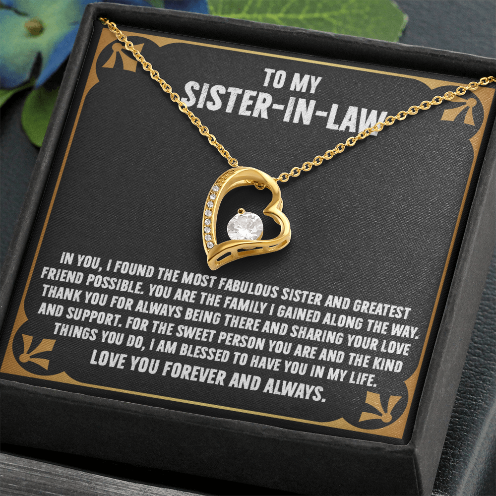 Forever Love Necklace with Interlocking Hearts in gift box, featuring heartfelt message for sister-in-law appreciation gift.