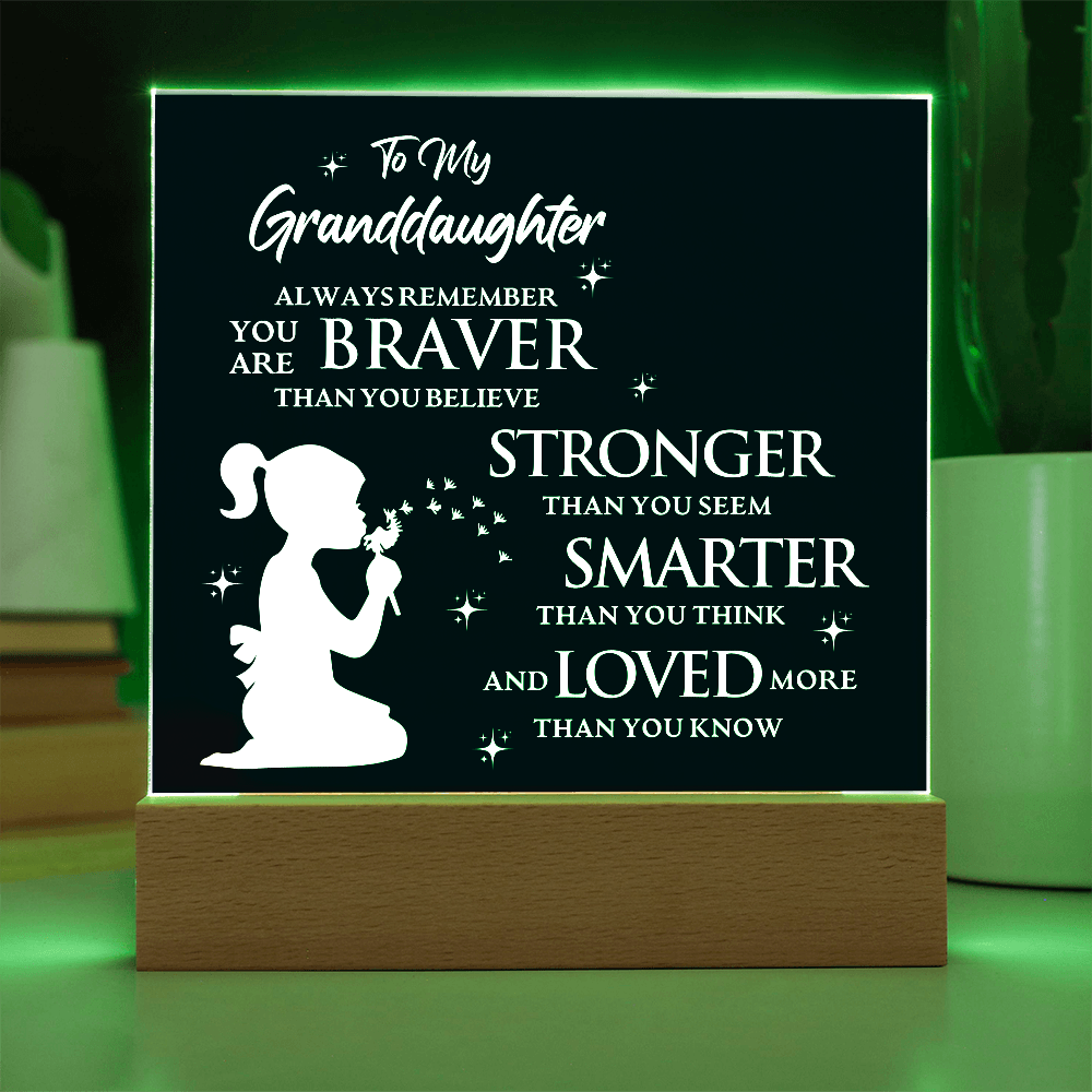 Inspirational LED acrylic plaque for granddaughter with bravery and love message, silhouette design. Perfect gift for any occasion.