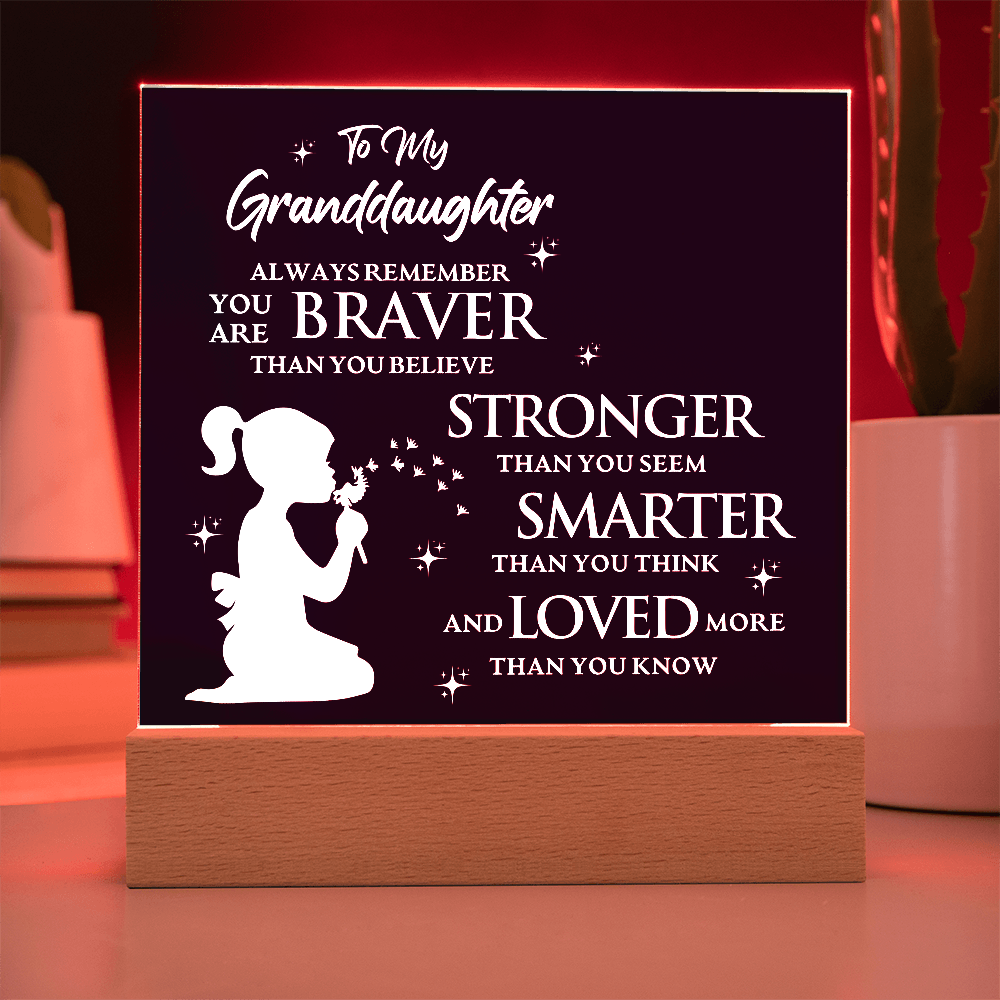Inspirational acrylic plaque for granddaughter with bravery and love message, featuring silhouette design and LED lighted base.
