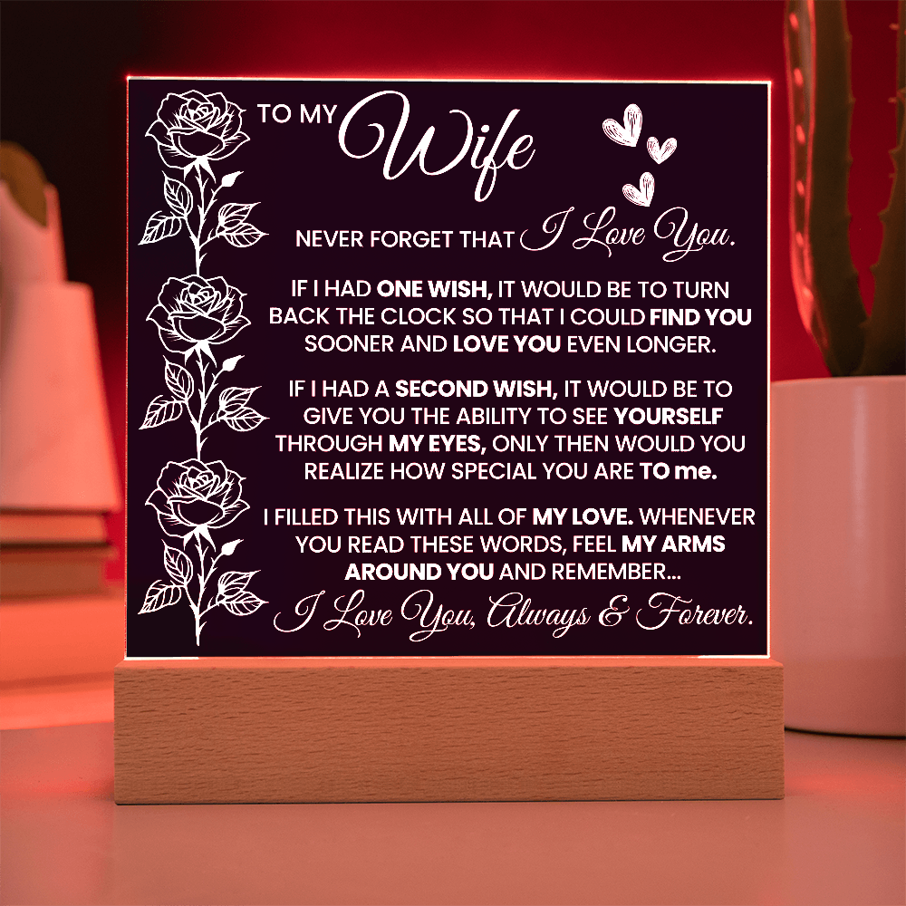 Romantic gift acrylic plaque with love message for wife, featuring rose design and LED wooden base.