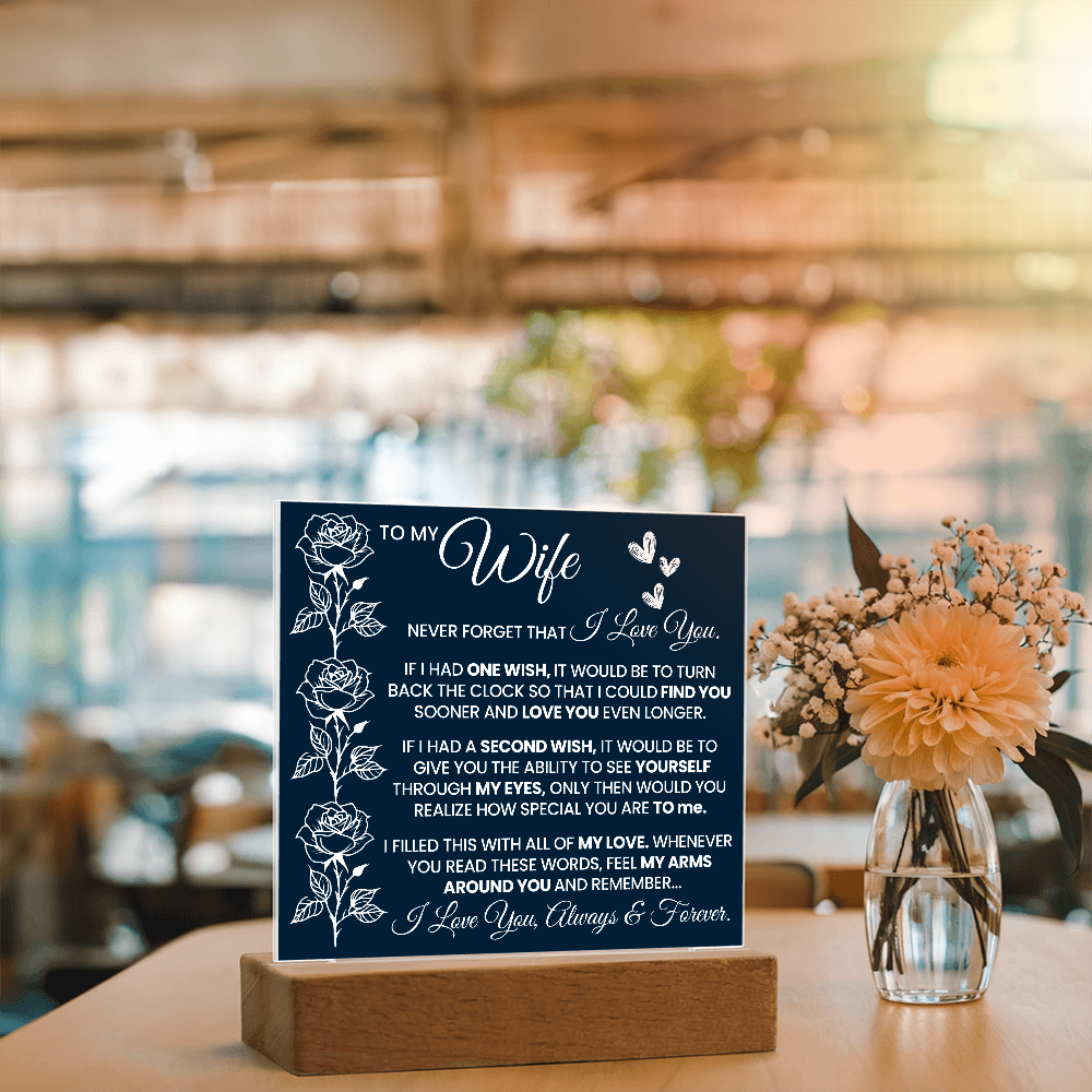 Romantic acrylic plaque for wife with love message and rose design on a wooden LED base.