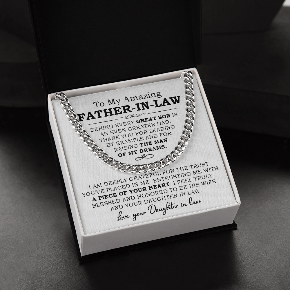 Cuban Link Chain for Father-in-Law with heartfelt message card, gift from daughter-in-law celebrating love and respect.