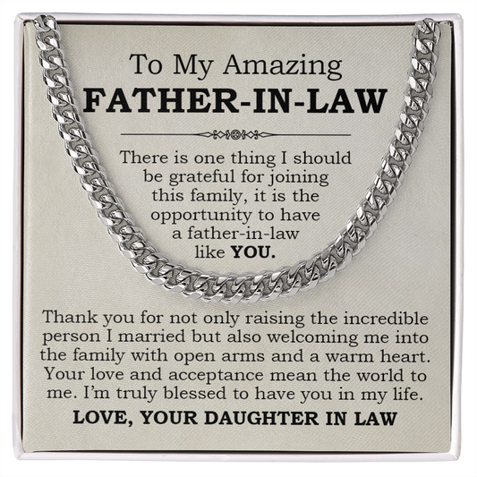 Father-in-Law Cuban Link Chain with heartfelt message card from daughter-in-law, expressing gratitude and love.