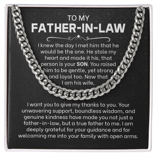 Cuban Link Chain with sentimental message card for father-in-law from daughter-in-law, expressing gratitude and family bonding.