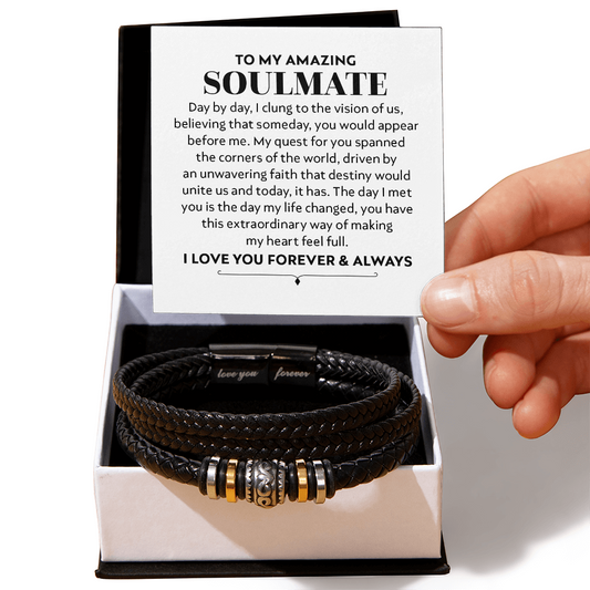 Men's braided leather bracelet with 'Love You Forever' engraving, sentimental gift box and card for soulmate from wife or girlfriend.