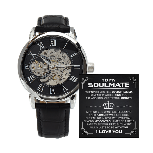 Men's skeleton openwork watch with message card, perfect romantic gift for soulmate on anniversaries, Valentine's Day, or birthdays.