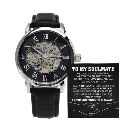 Men’s Skeleton Openwork Watch with heartfelt message card, ideal romantic gift for husband or boyfriend, perfect for anniversaries or birthdays.