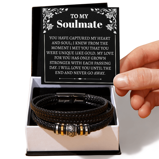 Men's leather bracelet gift set with heartfelt message: 'To My Soulmate,' featuring braided leather and 'Love You Forever' engraved clasp.
